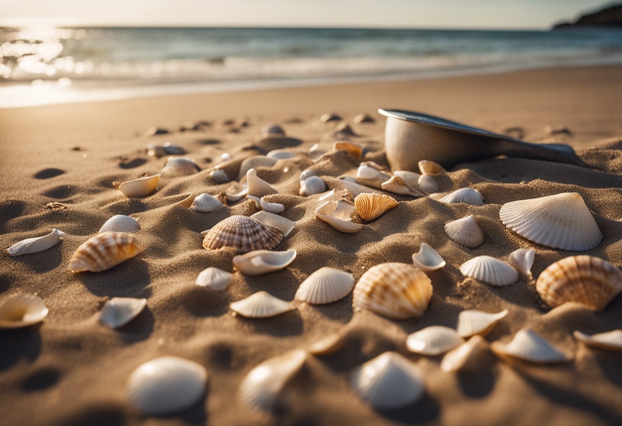 A sandy beach with seashells scattered across the shore, a mesh bag, and a small shovel for shelling. The ocean waves gently crashing in the background