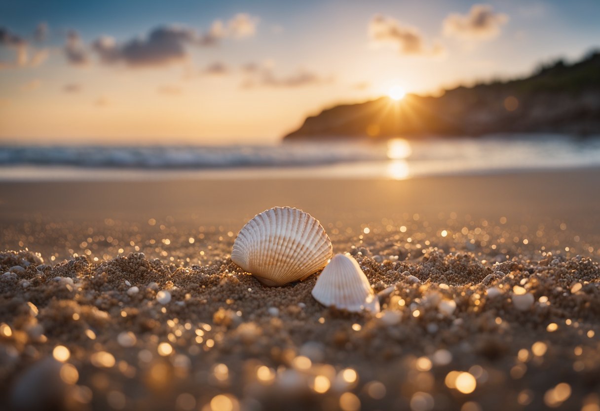 The sun sets over a sandy beach, with waves gently lapping the shore. Seashells of various shapes and sizes are scattered across the sand, waiting to be collected