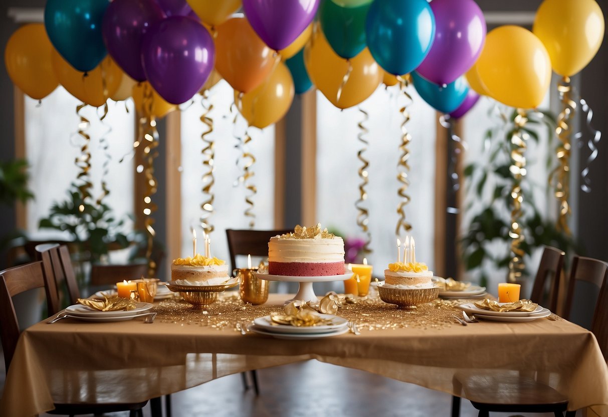 A festive table with a glittering "21" centerpiece, surrounded by balloons, streamers, and confetti. A banner reading "Happy 21st Birthday" hangs on the wall