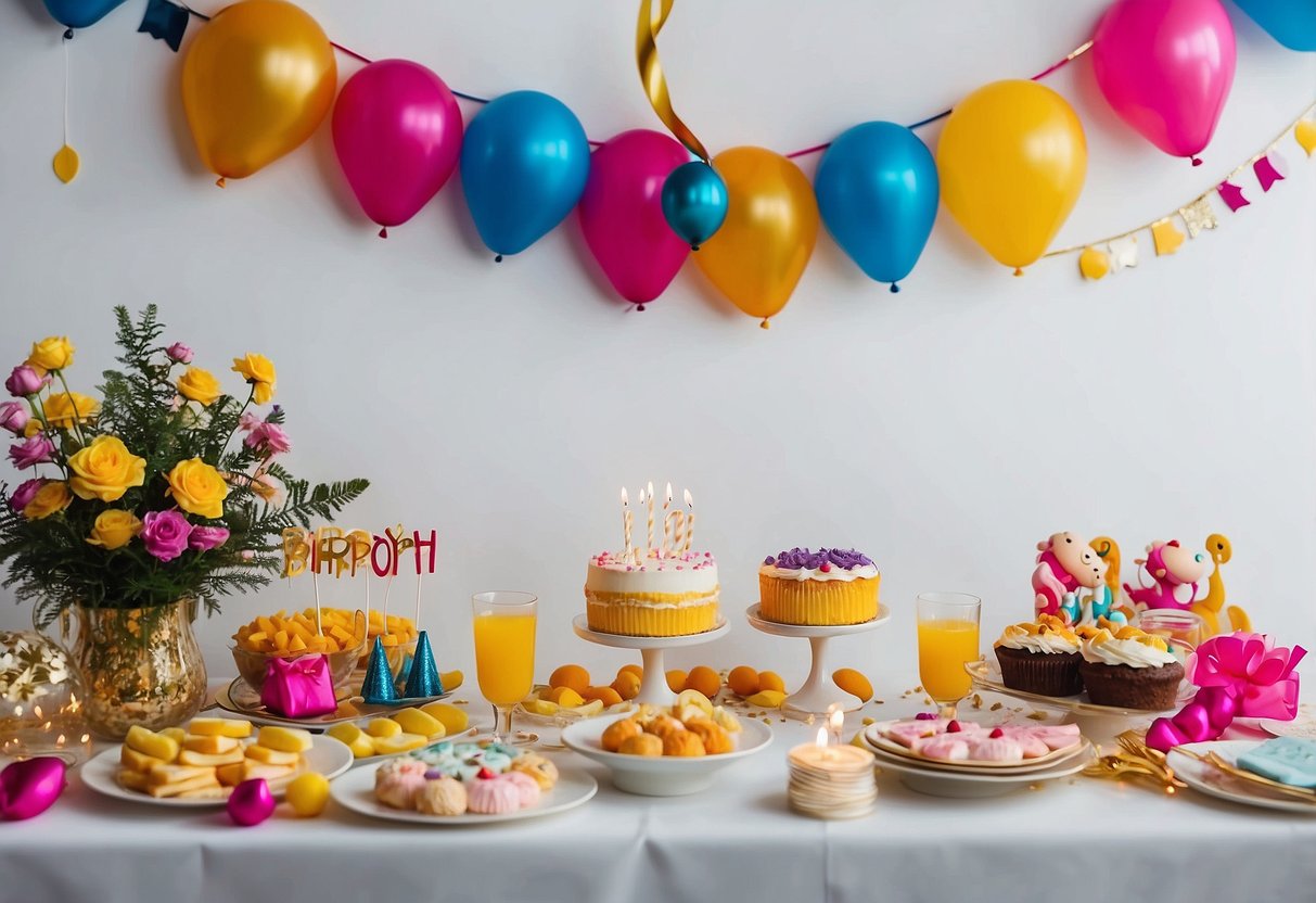 A colorful personalized birthday banner hangs above a table adorned with 21st birthday decorations, adding a festive touch to the home decor