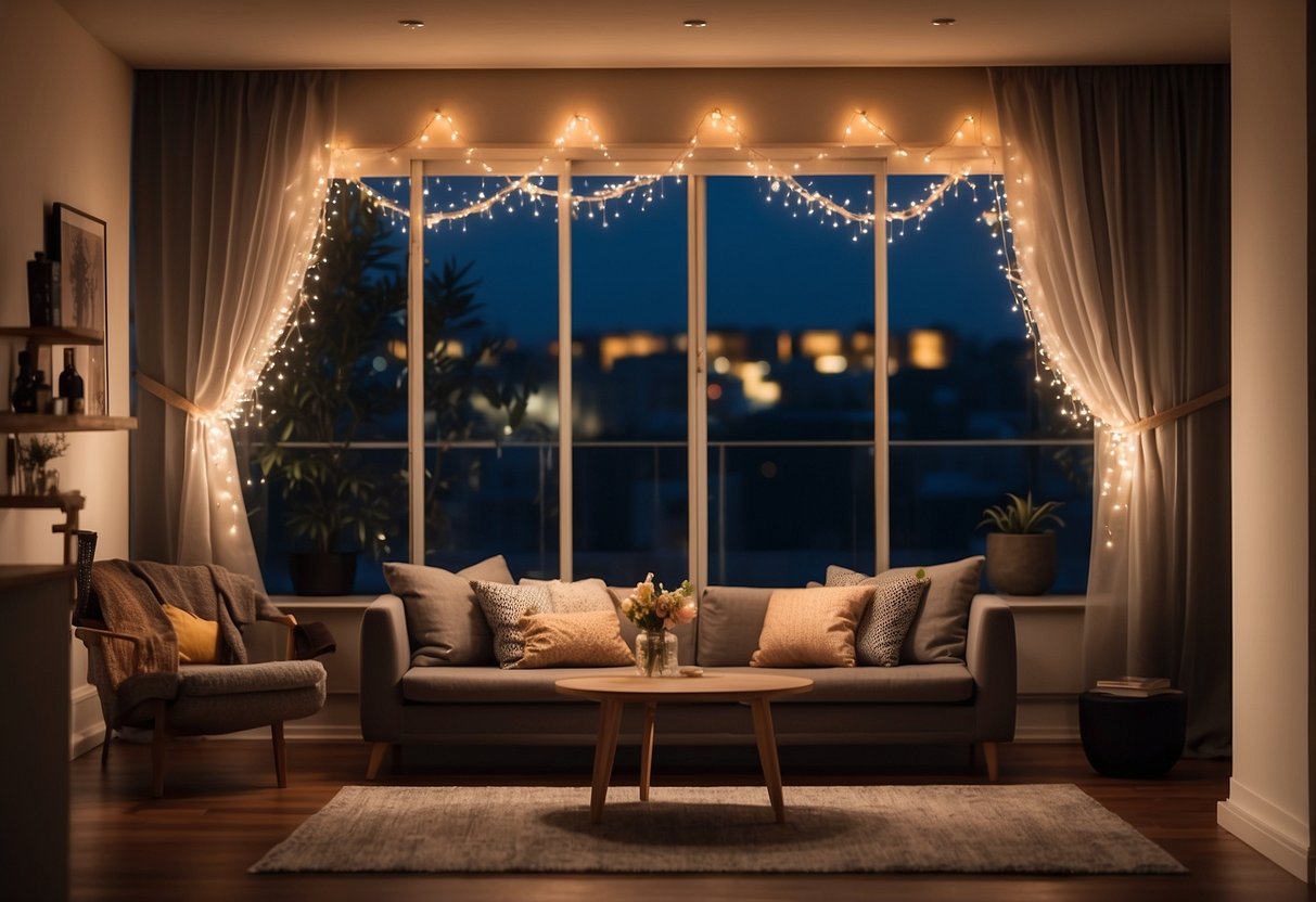 A cozy living room with LED fairy light curtains cascading down the walls, creating a warm and inviting atmosphere for a 21st birthday celebration