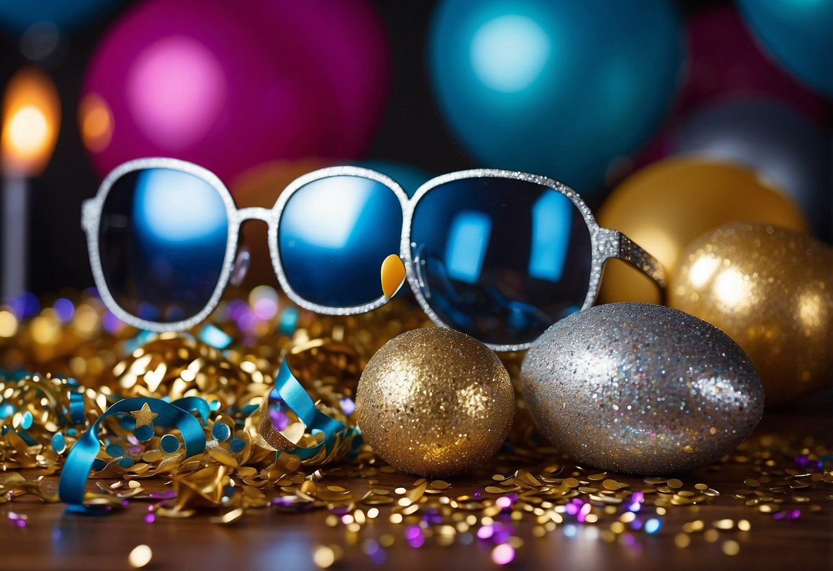 Colorful photo booth props scattered on a table with glittery 21st birthday decorations in the background