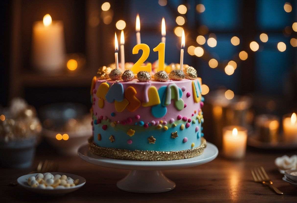 A colorful 21st birthday cake topper sits atop a decadent cake, surrounded by festive decorations and twinkling lights in a cozy home setting