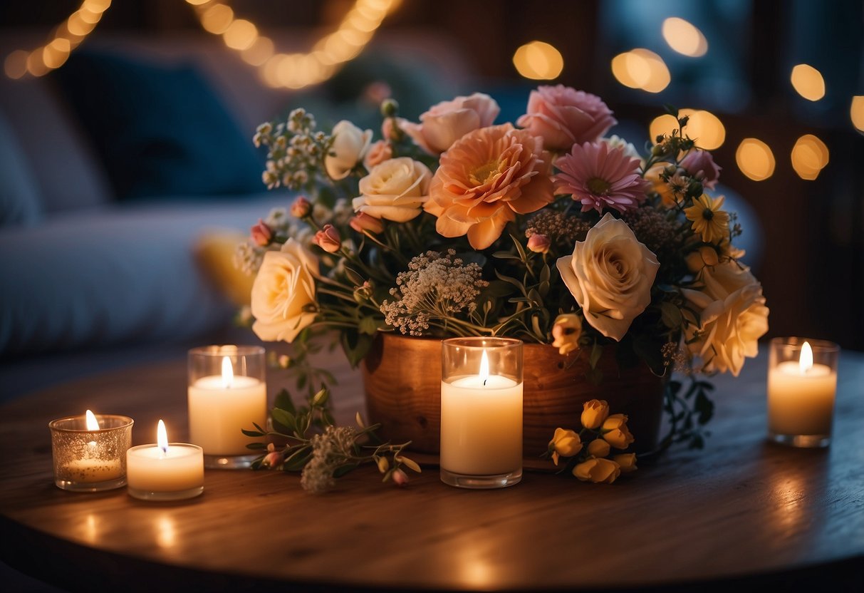 A colorful floral arrangement sits atop a wooden table, surrounded by candles and fairy lights, creating a cozy and festive atmosphere for a 21st birthday celebration at home