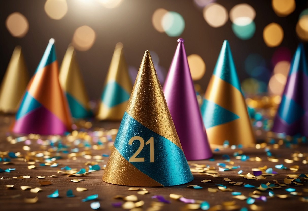 Colorful party hats with names on them scattered across a table, surrounded by confetti and streamers. A banner reading "21st Birthday" hangs in the background