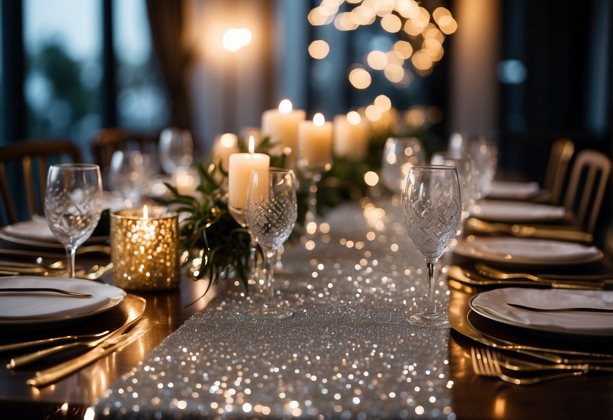 A long dining table adorned with sparkling glitter table runners, creating a glamorous and festive atmosphere for a 21st birthday celebration