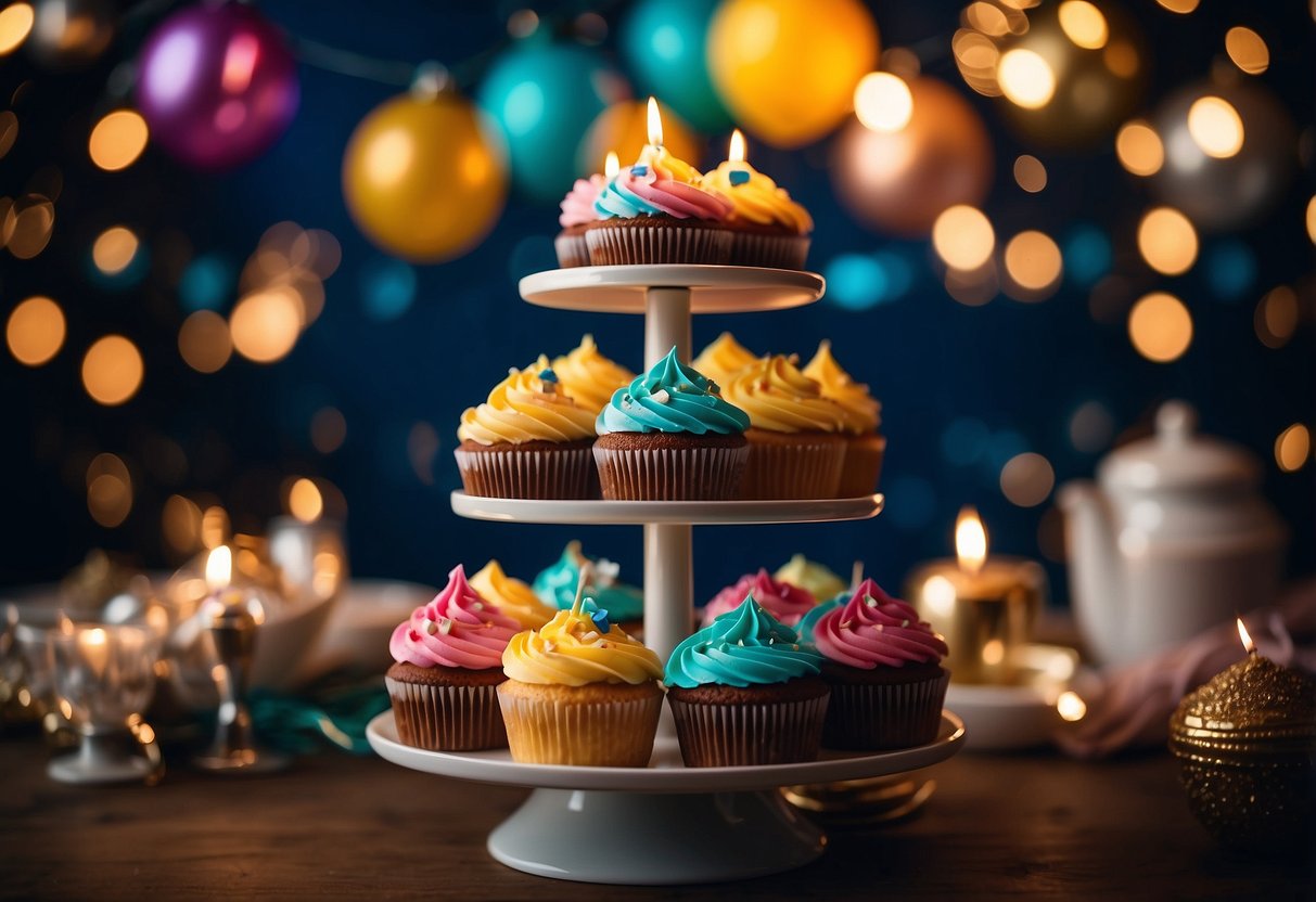 A colorful cupcake stand adorned with 21st birthday decorations, surrounded by festive party banners and twinkling string lights