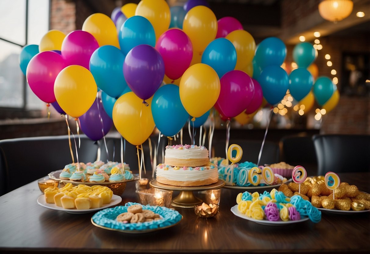 Colorful balloons and streamers adorn a table with personalized party favors. A "21" sign hangs on the wall, surrounded by photos and twinkling lights