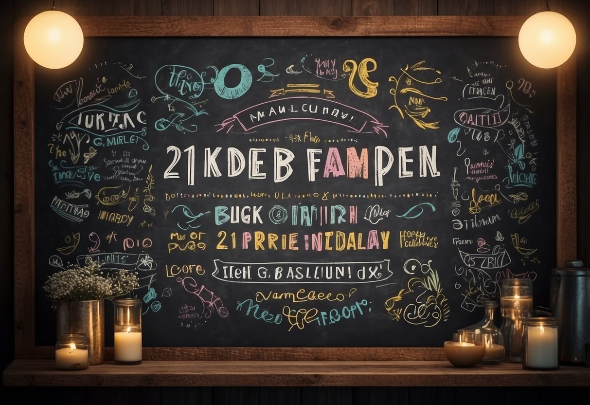 A chalkboard sign with "21st Birthday" written in decorative lettering, surrounded by colorful chalk drawings and customizable decor ideas