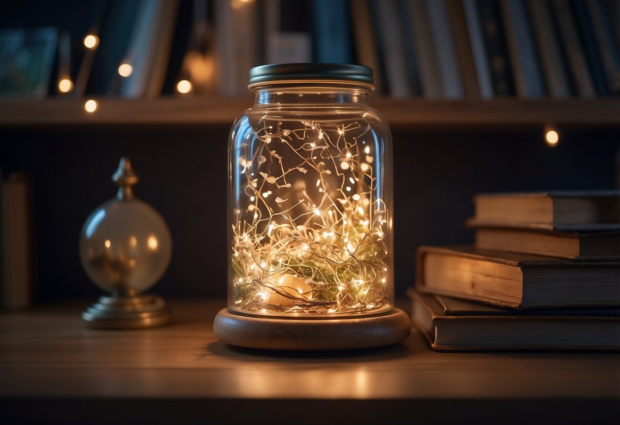 A glass jar filled with handwritten notes and mementos sits on a wooden shelf, surrounded by twinkling fairy lights and framed photos