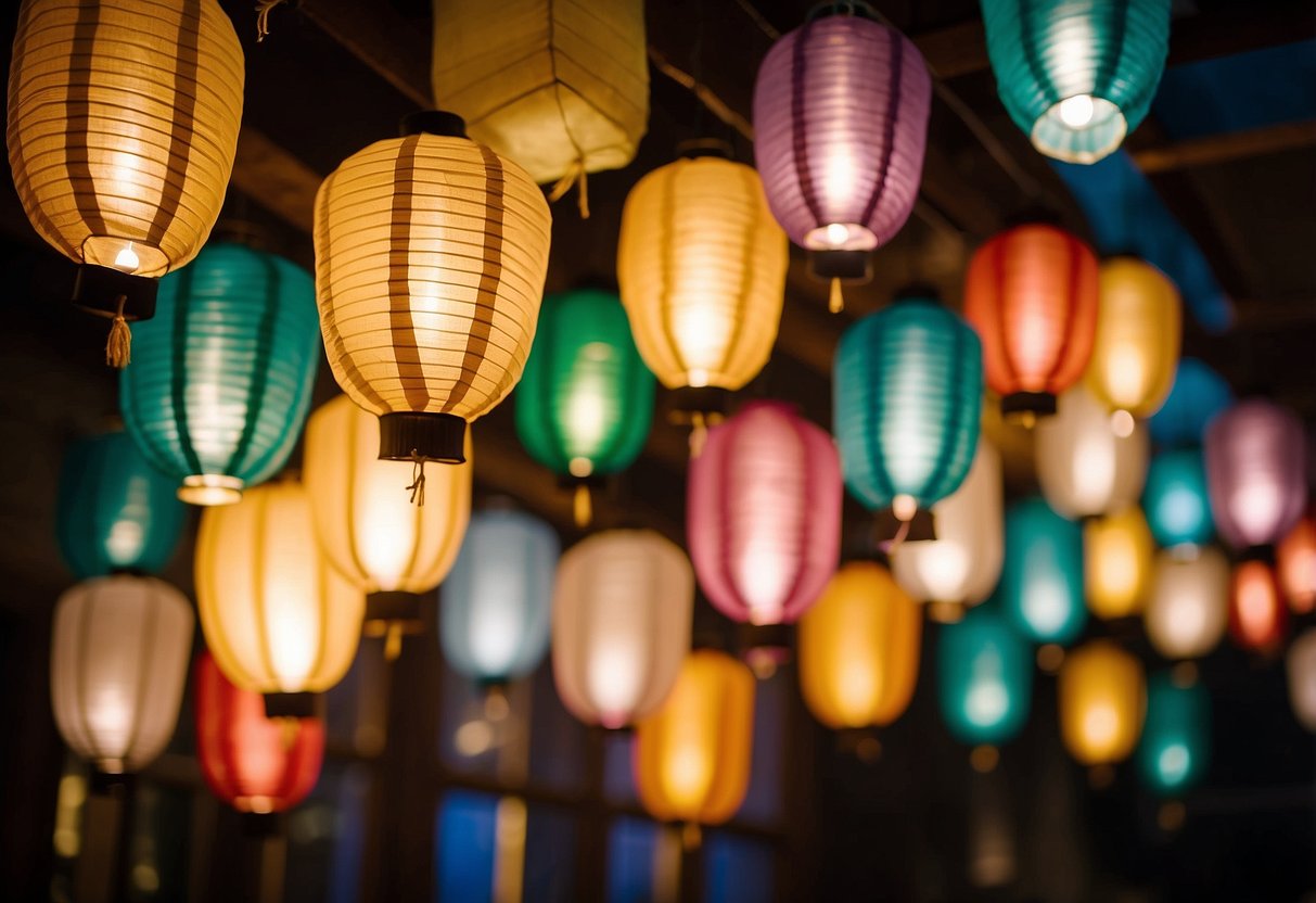 Colorful paper lanterns hang from the ceiling, casting a warm glow over the room. They are arranged in various sizes and shapes, creating a festive and inviting atmosphere for a 21st birthday celebration