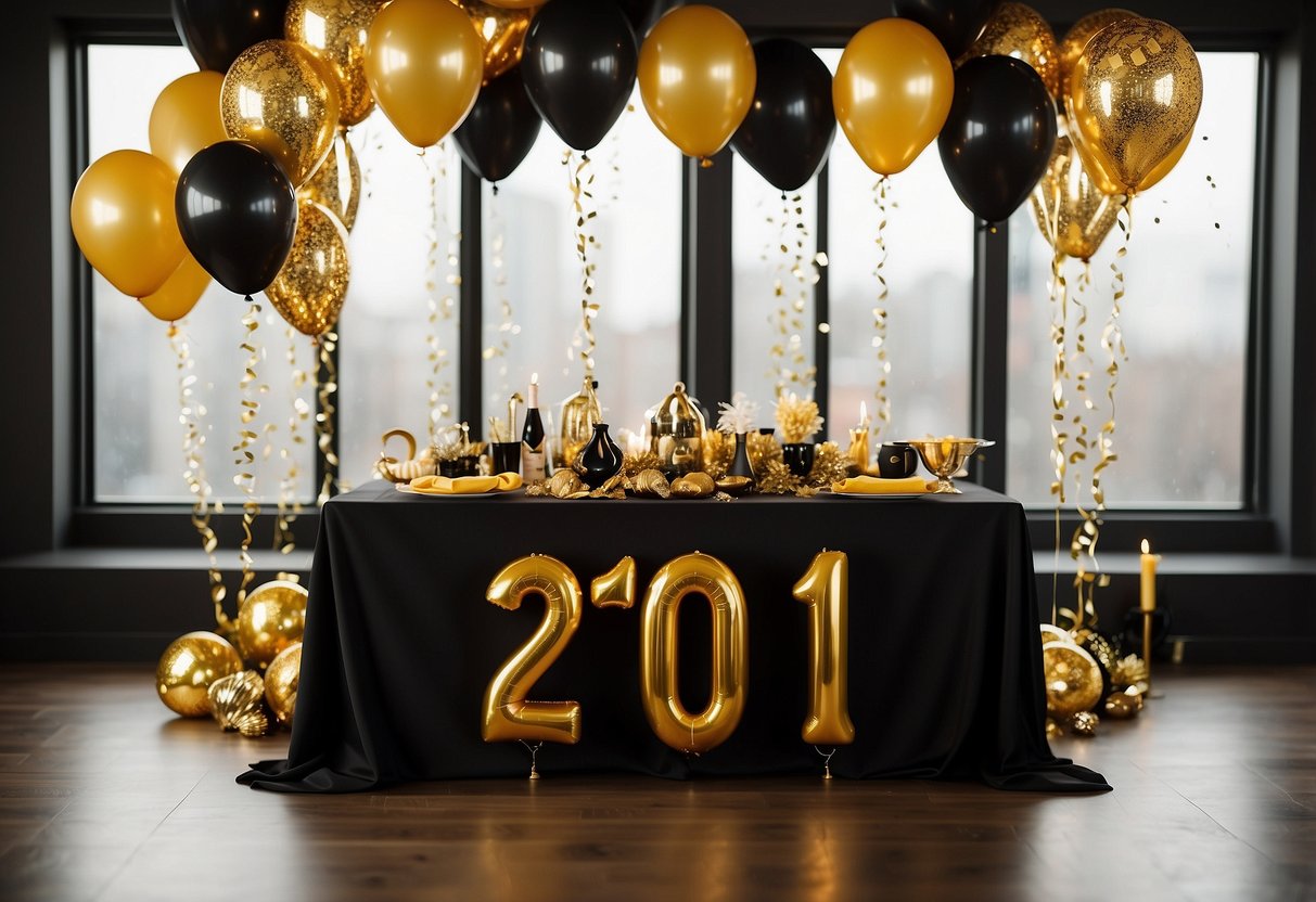 A table adorned with gold and black decorations, surrounded by balloons and confetti. A "21" sign hangs on the wall, with a backdrop of twinkling fairy lights