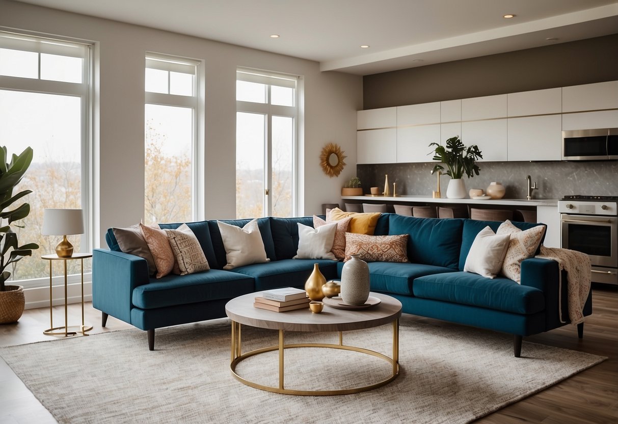 A cozy living room with modern furniture, vibrant accent pillows, and a statement wall art piece. Bright natural light fills the space, showcasing the stylish decor