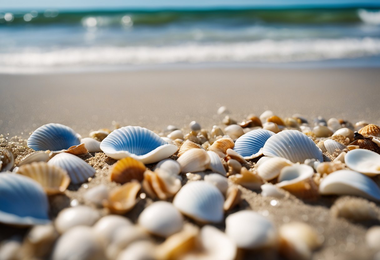 Gentle waves wash up colorful shells on a pristine Louisiana beach, with a clear blue sky and lush greenery in the background