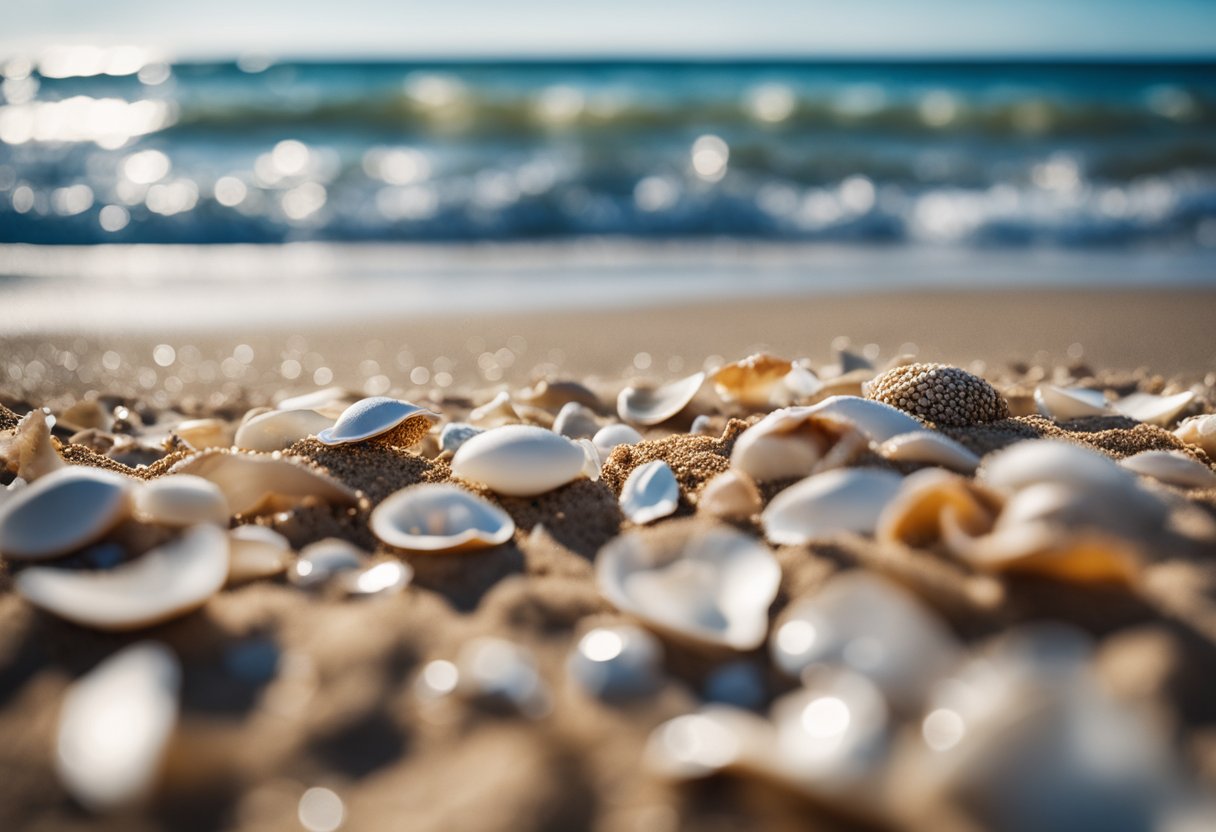 Sandy shore with scattered shells, gentle waves, and a clear blue sky