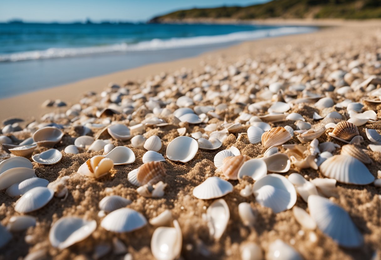 Sandy shore with scattered shells, waves gently rolling in, clear blue skies above, and distant boats on the horizon