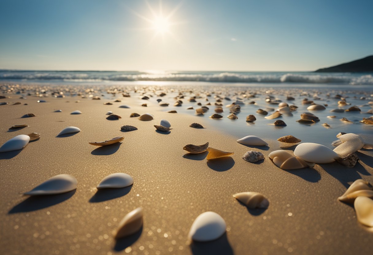 Golden sand stretches along the shore, scattered with colorful shells and driftwood. Waves crash gently, and seagulls soar overhead against a blue sky