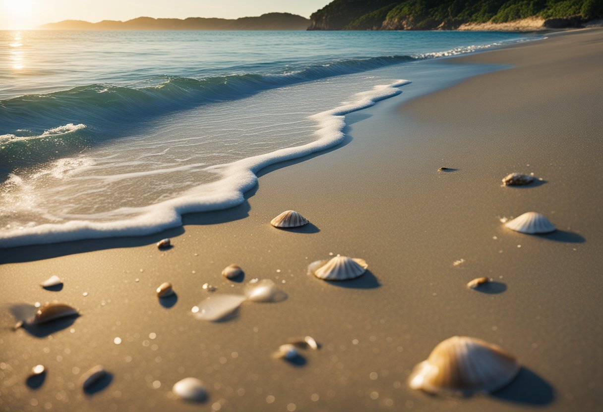 A serene beach with scattered seashells and gentle waves, bordered by lush greenery and a clear blue sky