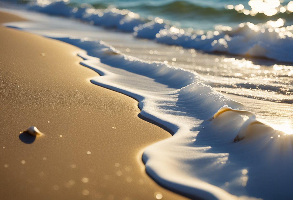 Golden sand stretches along the shore, dotted with colorful shells and gentle waves. A clear blue sky and distant seagulls complete the serene beach scene