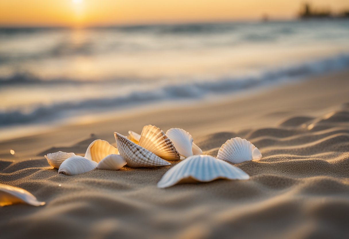 Shells scattered on sandy shore, waves gently lapping. Seagulls in the distance, palm trees swaying. Louisiana beach scene for shelling illustration