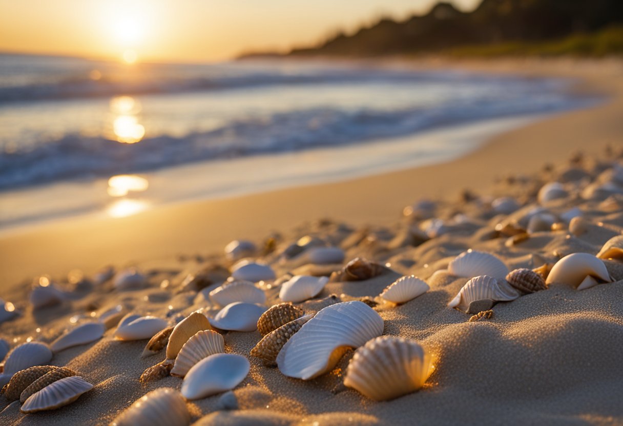 The sun sets over the sandy shores of Louisiana's top beaches, with scattered shells glistening in the soft light, waiting to be collected