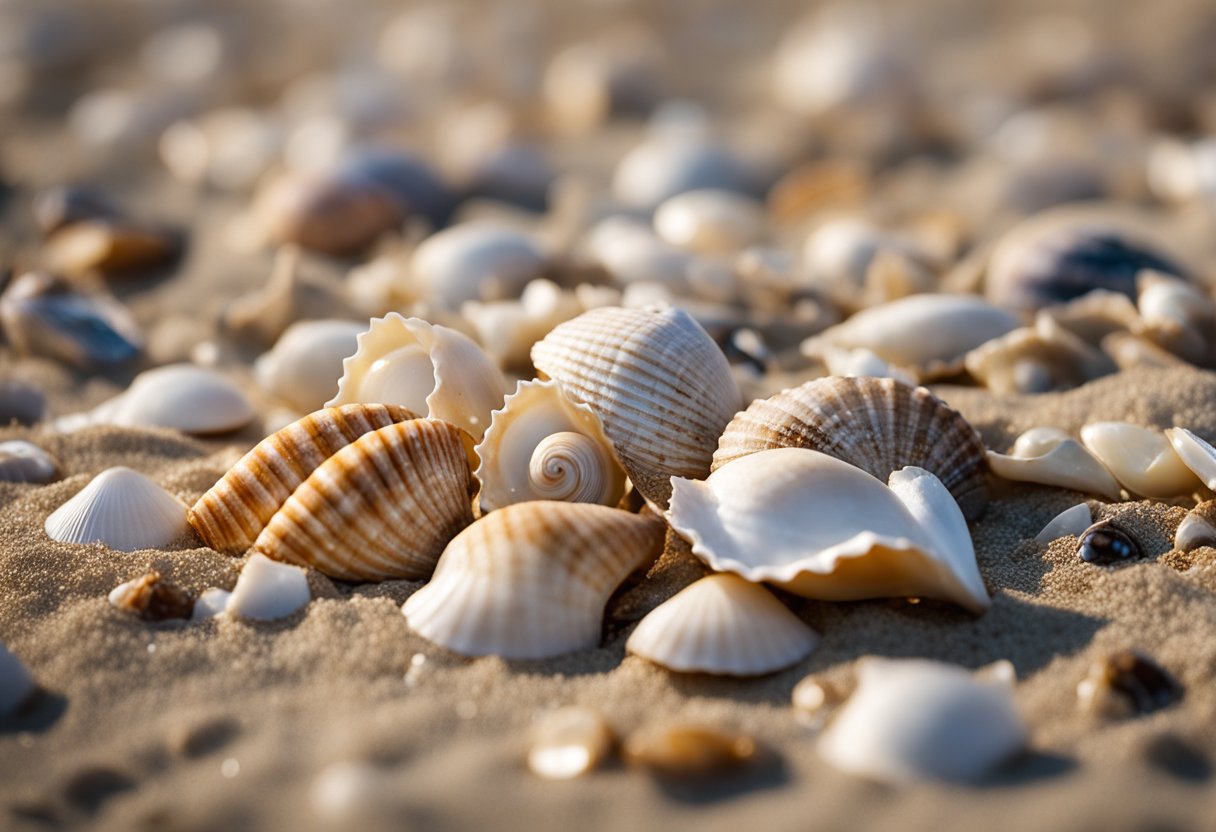 A variety of shells scattered along the sandy shore of Louisiana's top beaches, including conch, whelk, and scallop shells