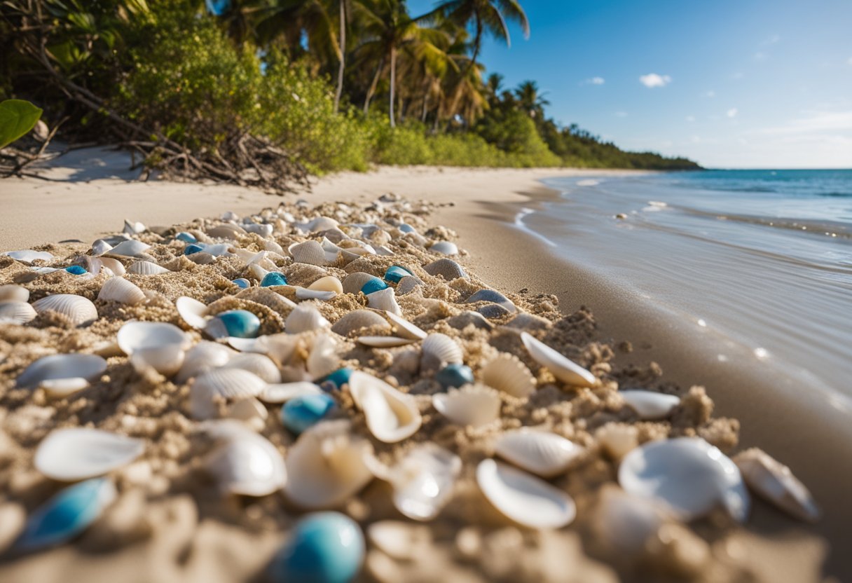 Sandy beach with scattered shells, clear blue water, and a backdrop of coastal vegetation. Signs indicating conservation and regulations are posted along the shore