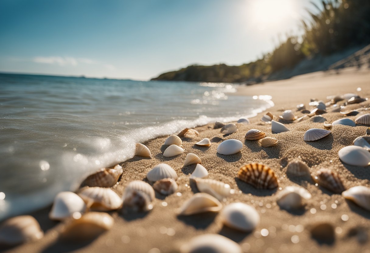 Sandy shoreline with scattered seashells, gentle waves, and a clear blue sky. Sunlight glistens on the water, creating a serene and peaceful atmosphere