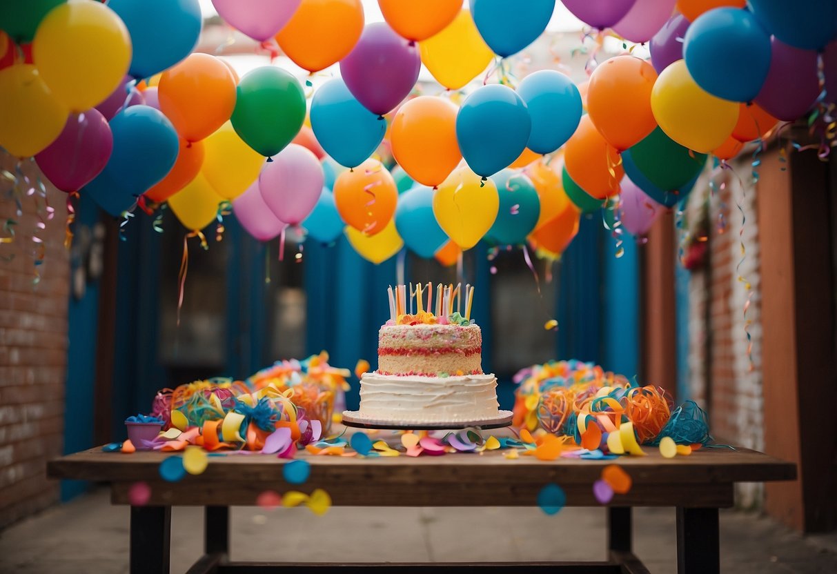 Colorful balloons, streamers, and banners adorn the walls and ceiling. A "30" shaped pinata hangs in the center. A table displays a cake with candles, surrounded by confetti and party favors