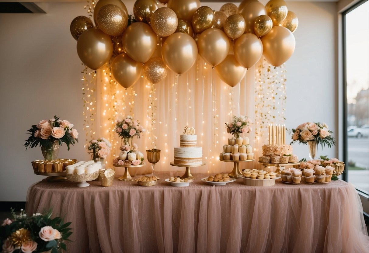 A tulle backdrop hangs behind a dessert table, adorned with gold "30" balloons and twinkling fairy lights. A champagne tower and floral arrangements complete the elegant 30th birthday decor