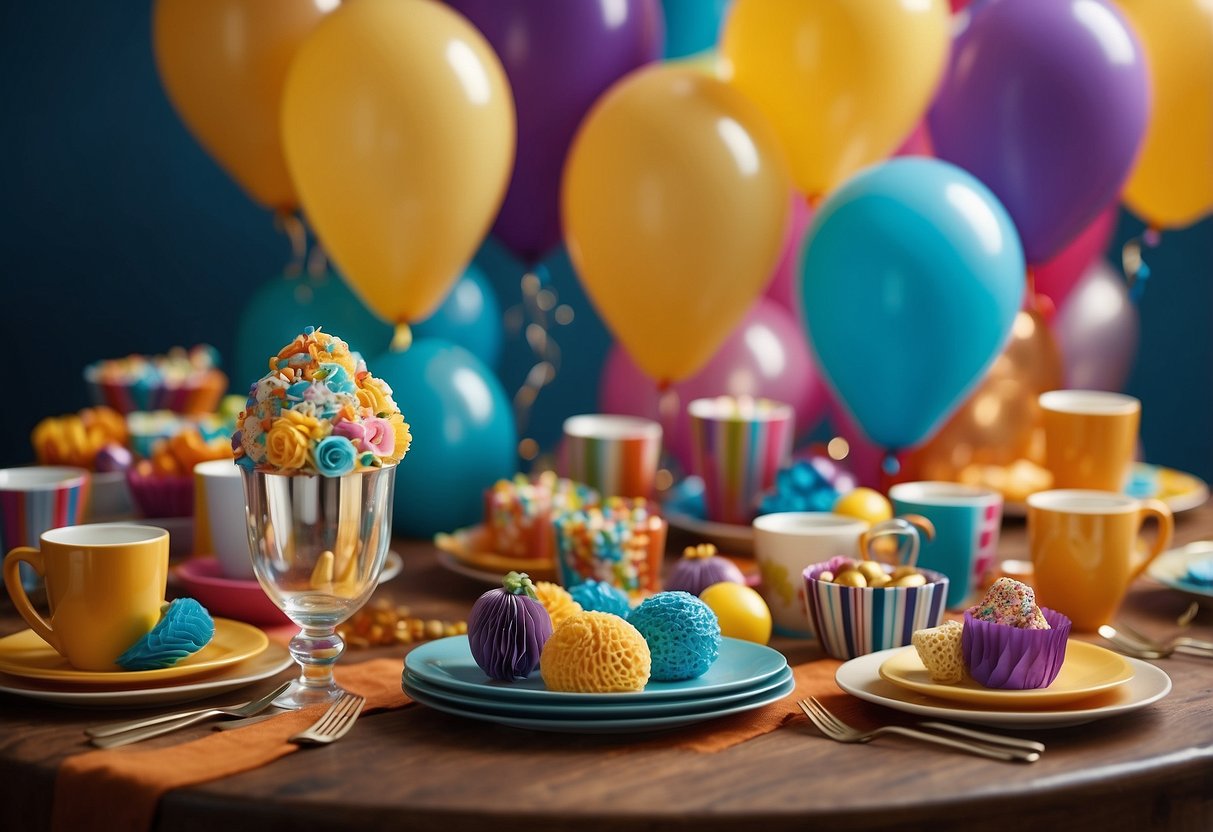 Colorful themed tableware arranged on a table with "30" birthday decor, balloons, and streamers. Coordinated plates, cups, and napkins with a festive and celebratory atmosphere