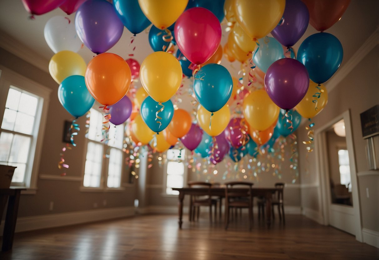 Colorful banners hang from the ceiling, personalized with "30th Birthday" messages. Streamers and balloons add to the festive decor, creating a celebratory atmosphere at home