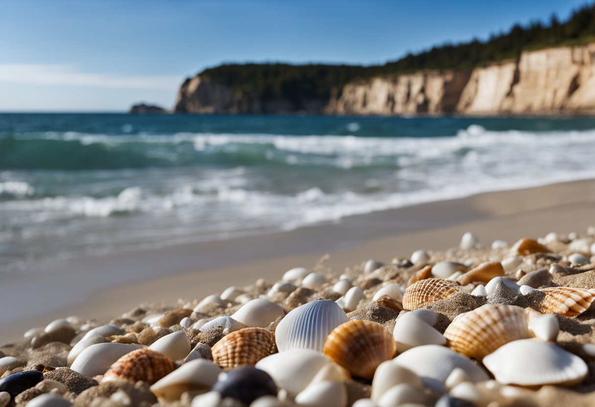 Sandy shorelines strewn with colorful shells, waves gently lapping the coast, seagulls soaring overhead, and a backdrop of rugged cliffs and pine trees