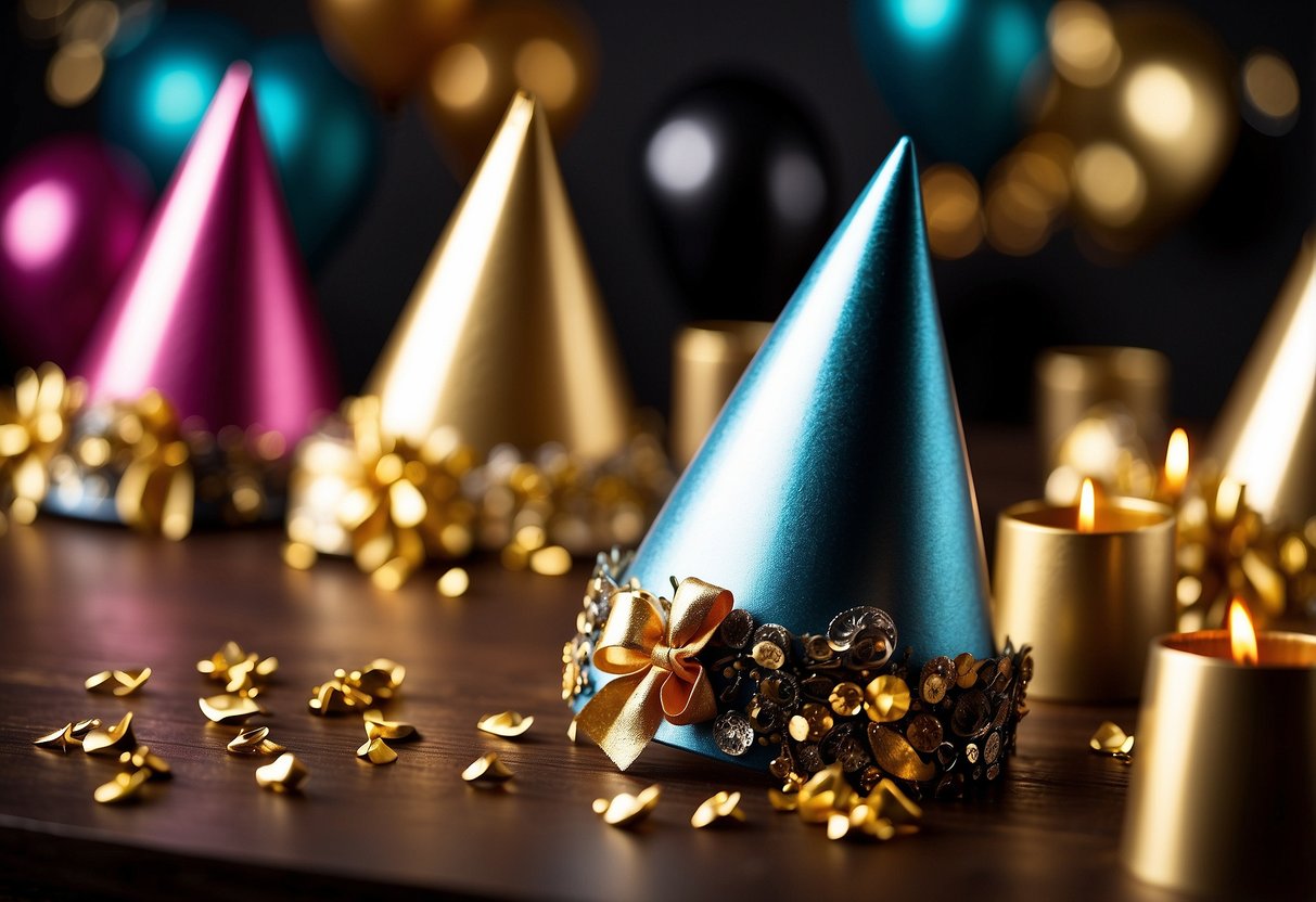 Colorful party hats scattered on a table with gold and black 30th birthday decor in a cozy home setting