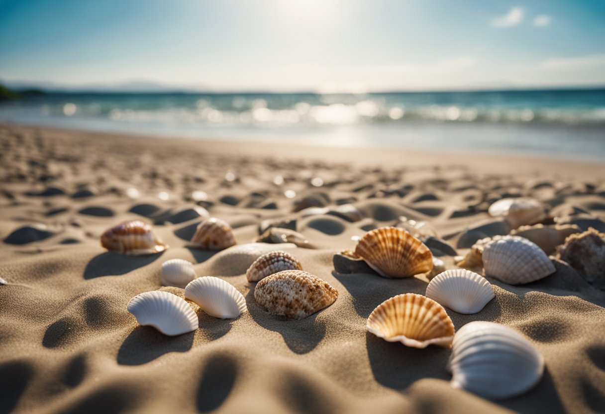 A sandy beach with seashells scattered along the shoreline, waves gently lapping against the coast. Rocky outcrops jut out into the sea, with a backdrop of lush greenery