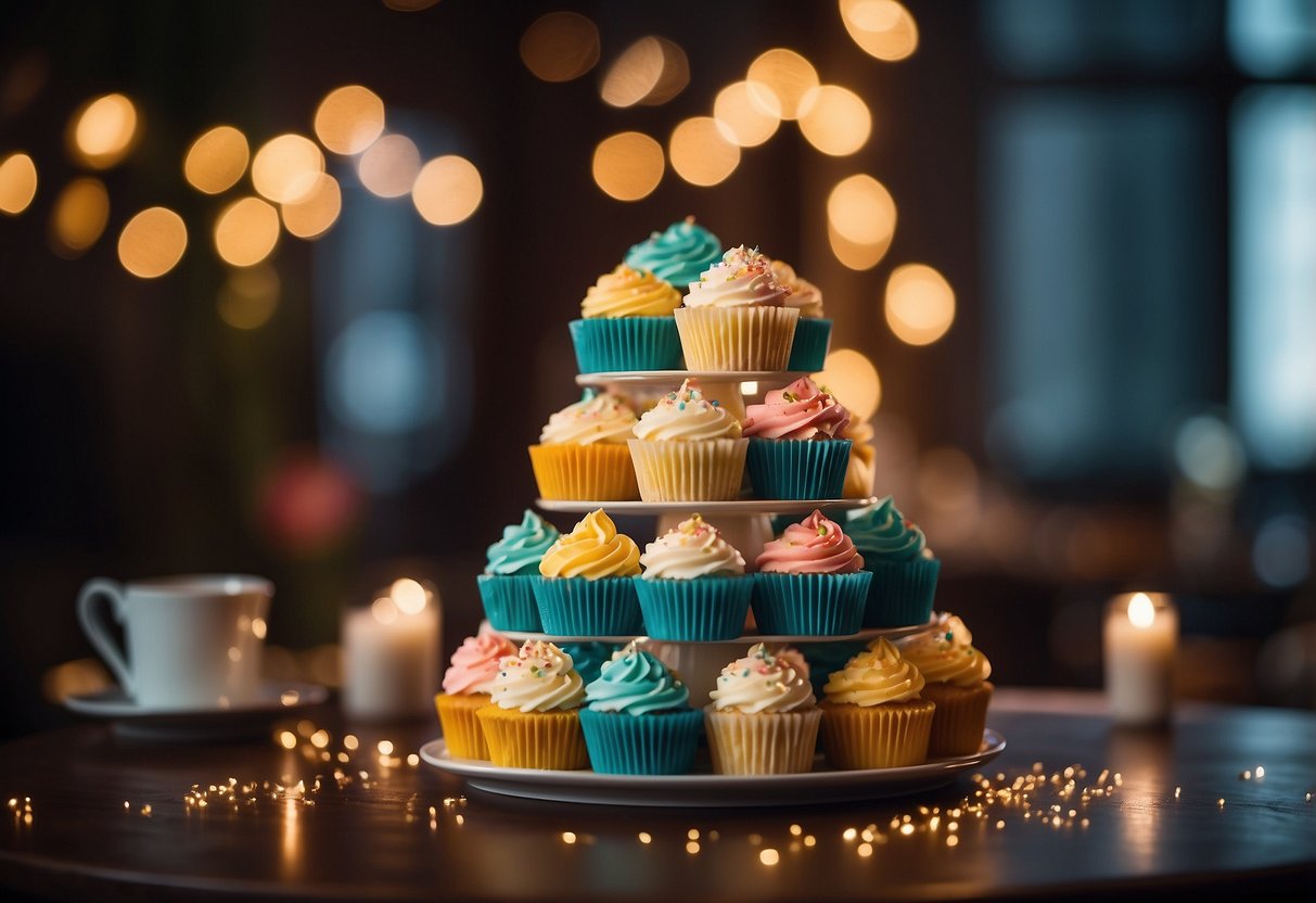 A tall tower of colorful cupcakes sits as the centerpiece, surrounded by festive decorations and twinkling lights, creating a cheerful and celebratory atmosphere for a 30th birthday party at home