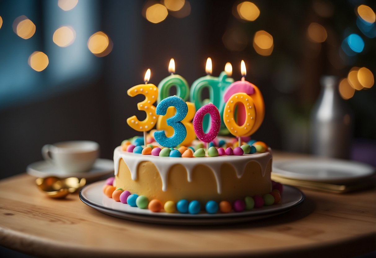 A colorful themed cake topper sits atop a festive 30th birthday cake surrounded by matching decor in a cozy home setting