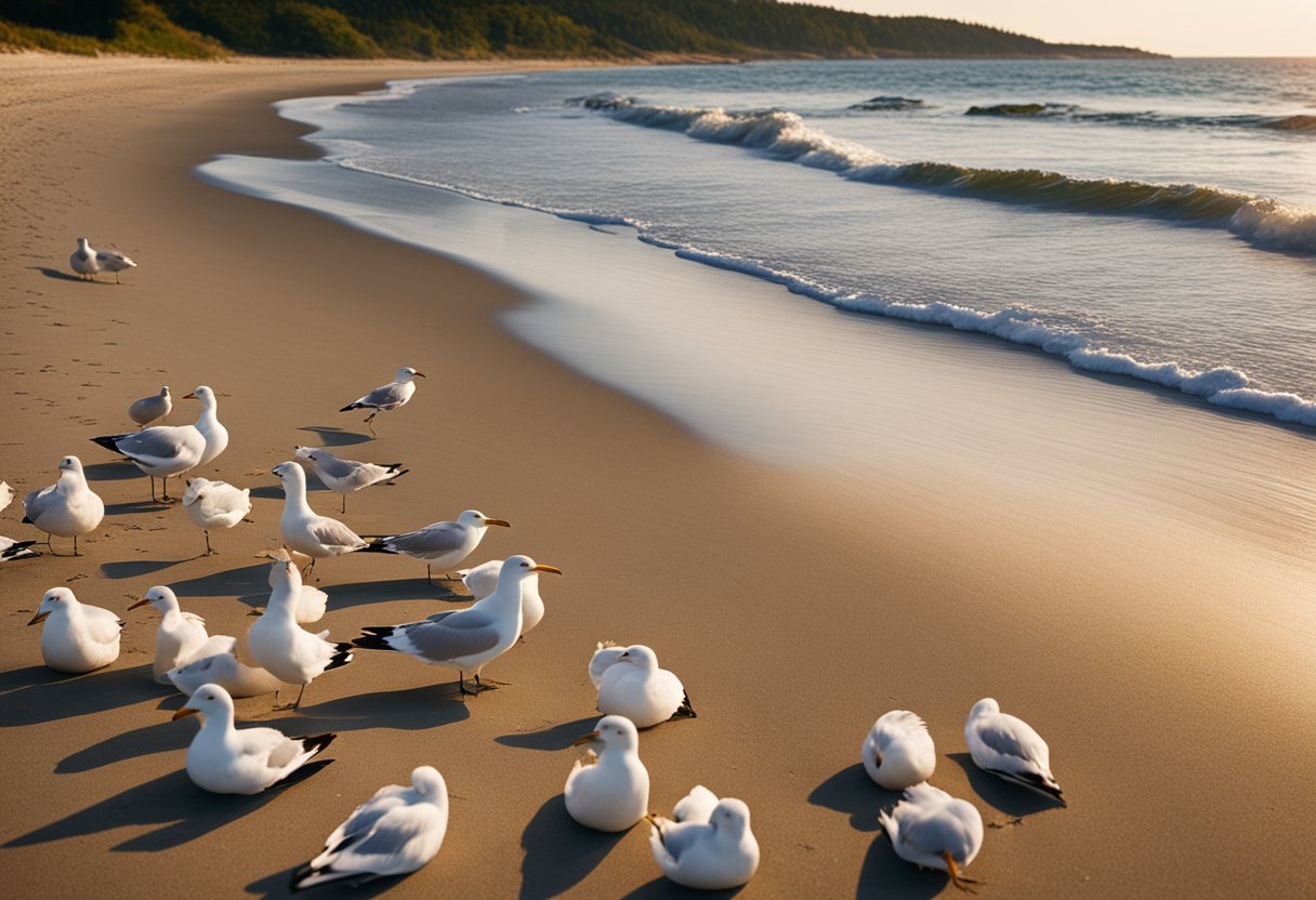 Drakes Island Beach, Maine. Endless shells scattered on sandy shore, waves gently rolling in. Seagulls soaring overhead. Peaceful, serene