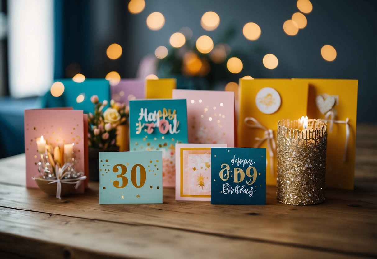 Colorful handmade birthday cards displayed with 30th birthday decor ideas at home