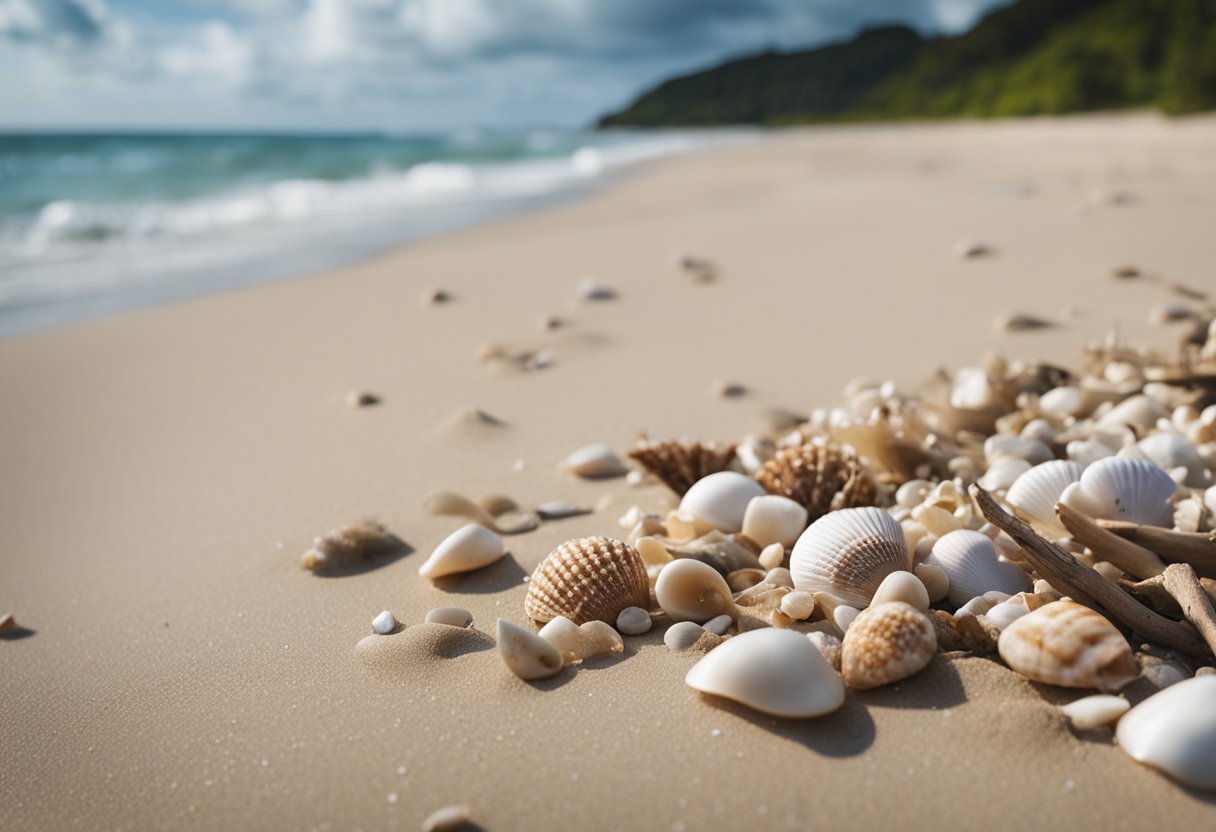 A sandy beach with scattered shells and driftwood, waves crashing in the distance under a cloudy sky