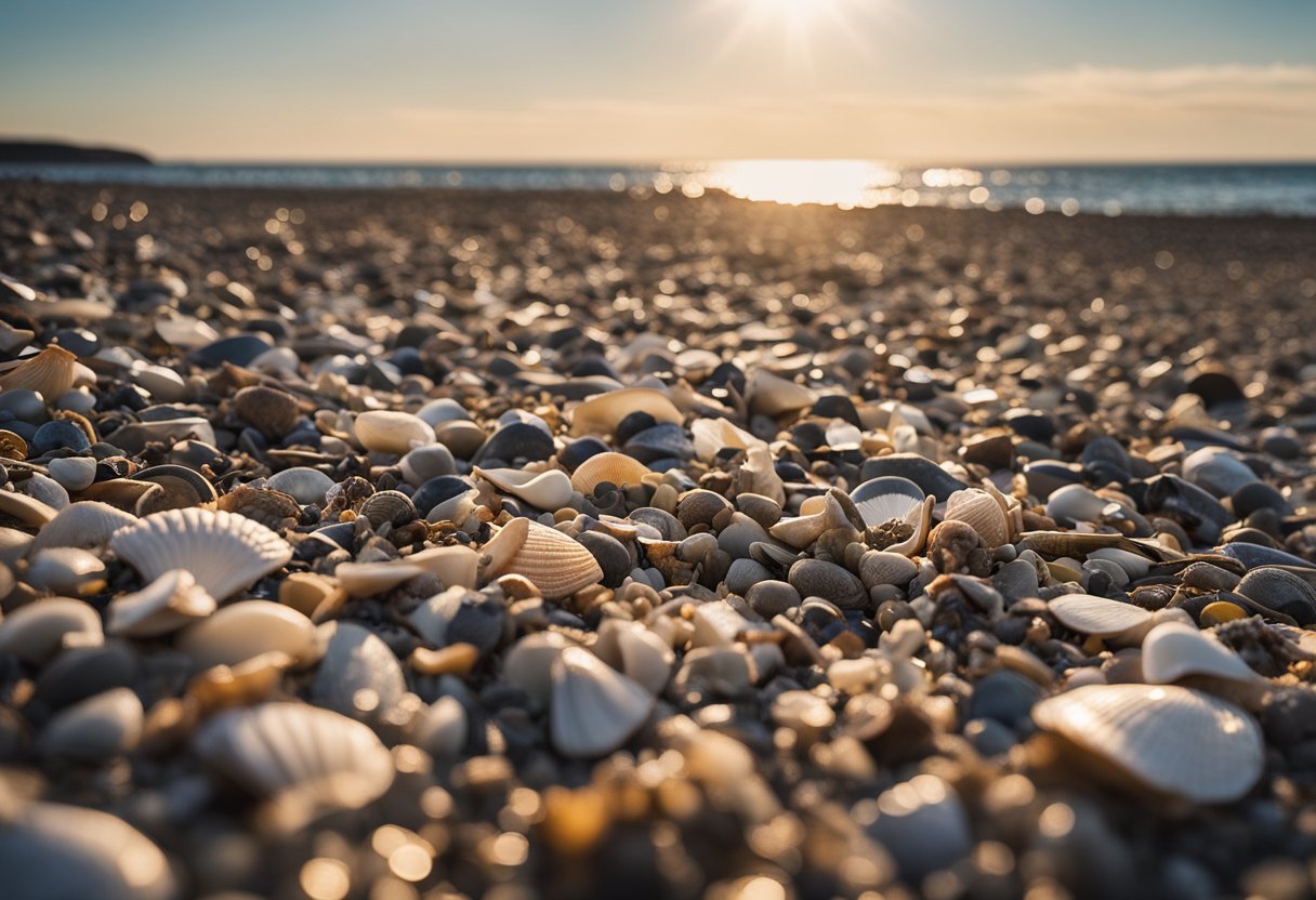 Seawall Beach, Maine: Sandy shore with scattered seashells, rolling waves, and a distant rocky seawall