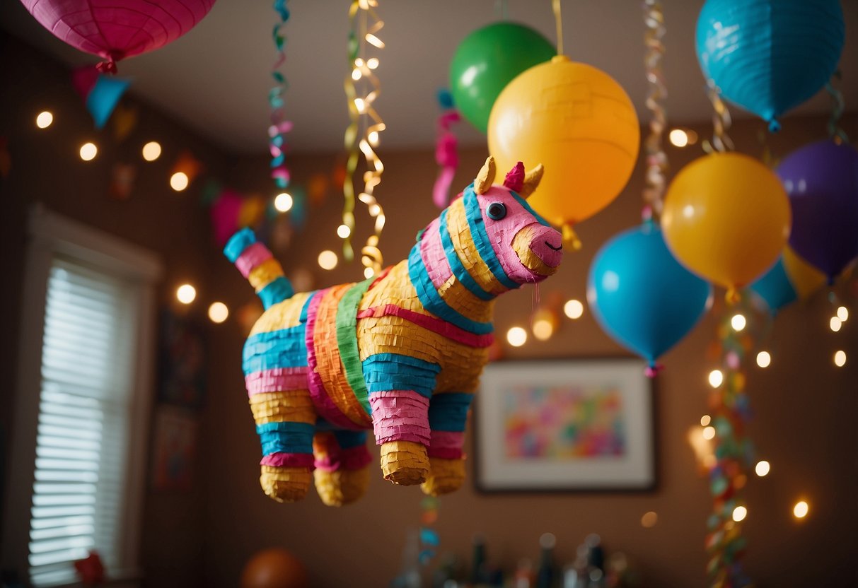 A colorful homemade piñata hangs from the ceiling, surrounded by festive 30th birthday decorations in a cozy home setting