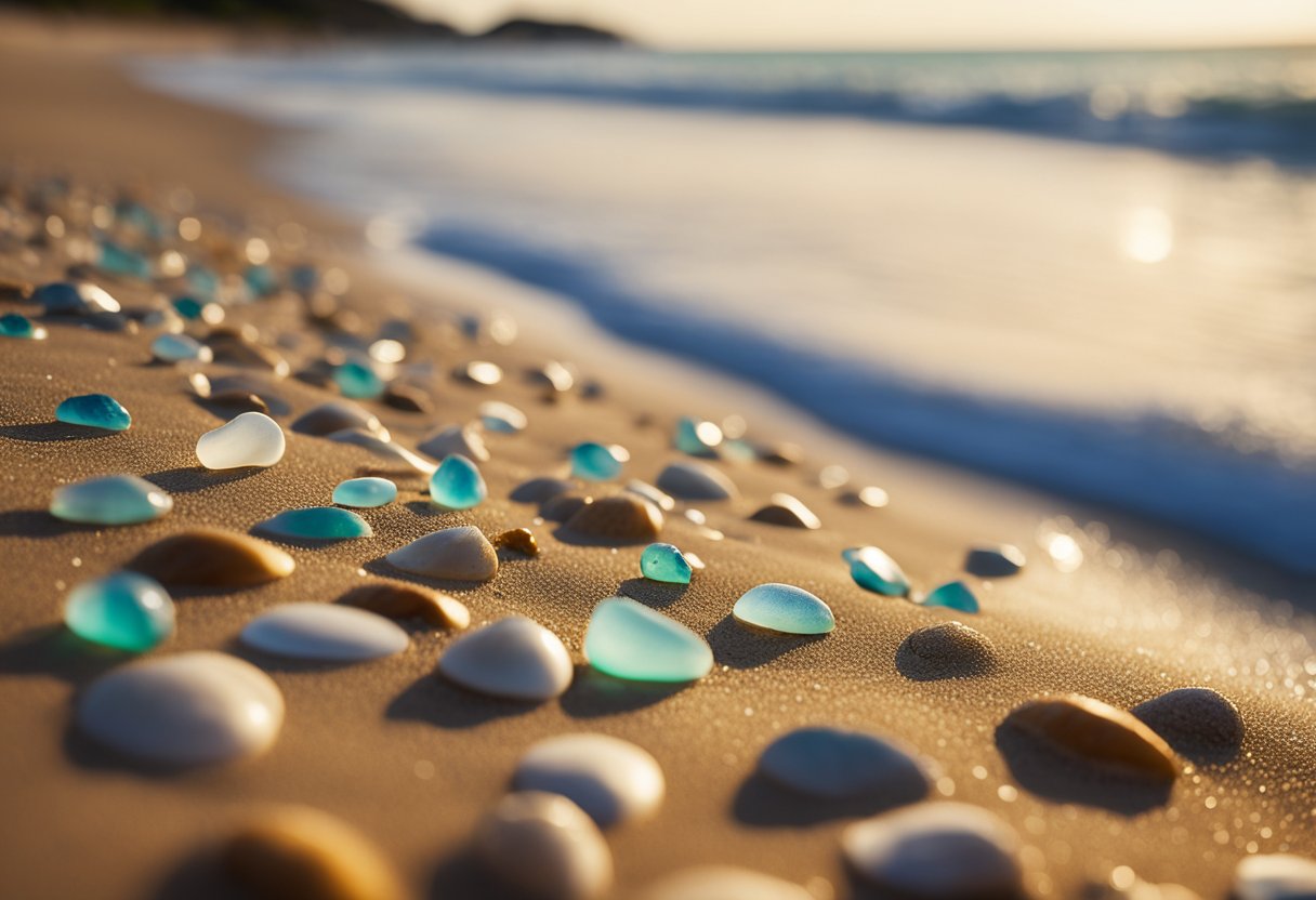 Golden sand stretches along the shore, scattered with colorful shells and sea glass. The clear blue ocean waves gently crash against the beach, creating a serene and picturesque scene