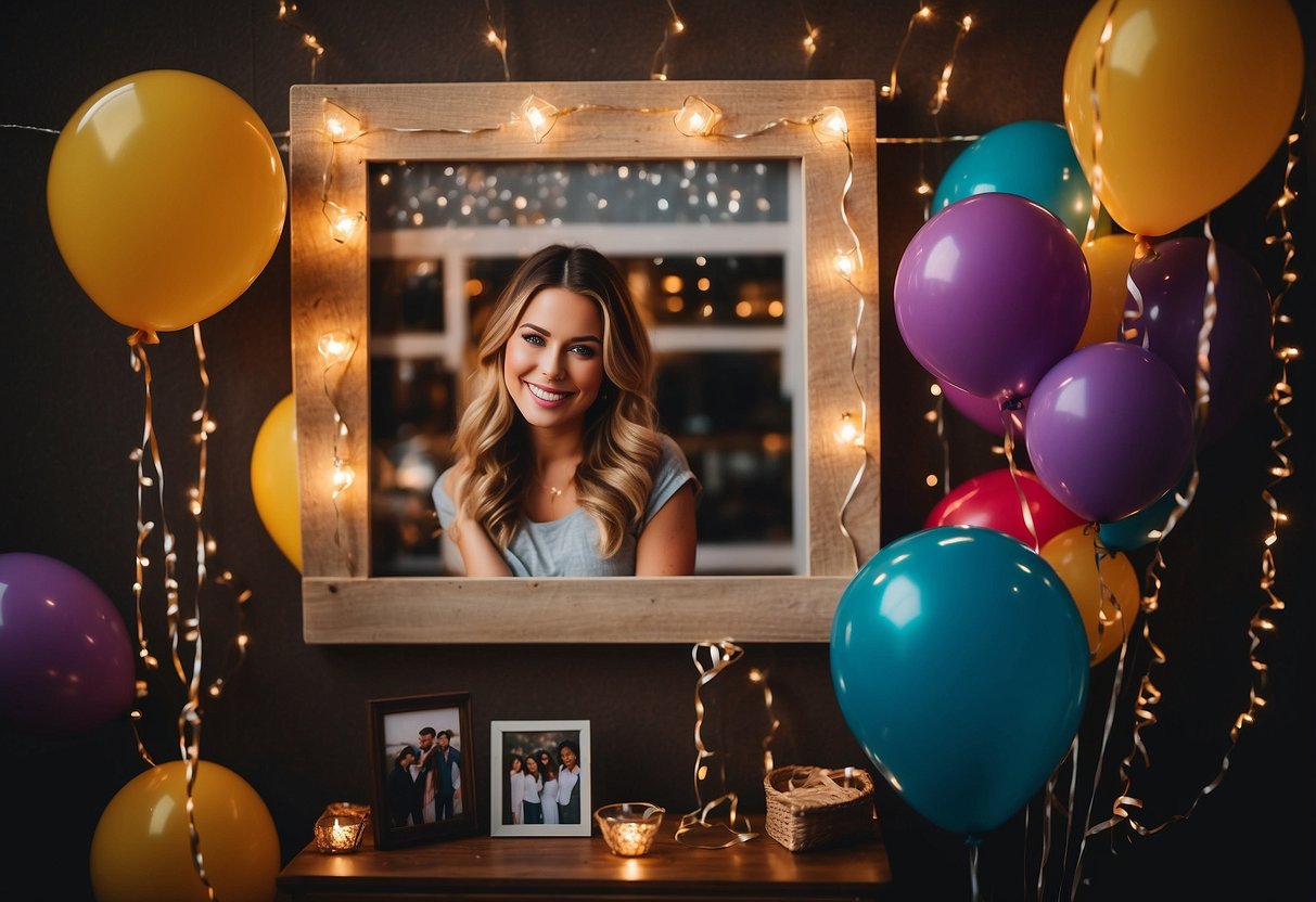 Colorful banners, photos, and string lights adorn a memory board for a 30th birthday celebration at home. Balloons and confetti add to the festive decor