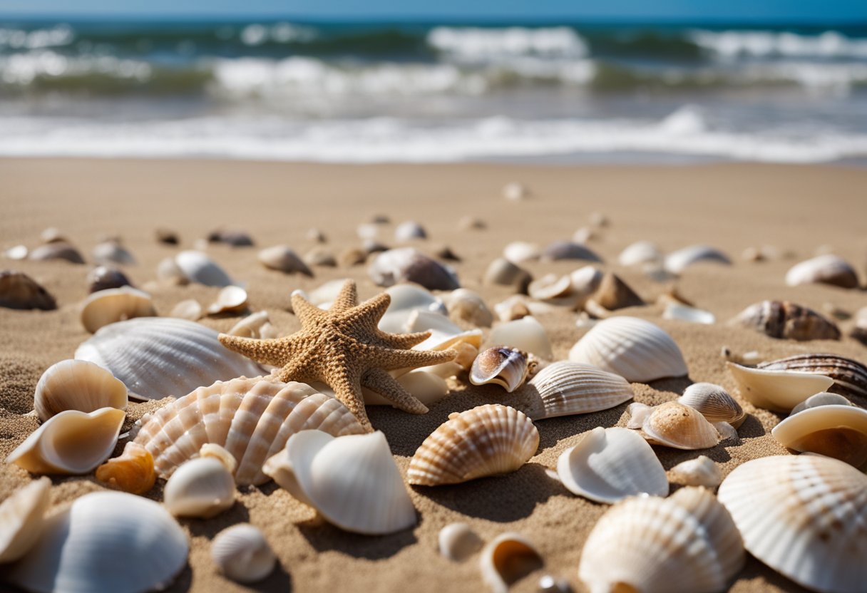 A collection of various shells scattered along the sandy shore, with waves gently washing over them, and a backdrop of rocky cliffs and clear blue skies