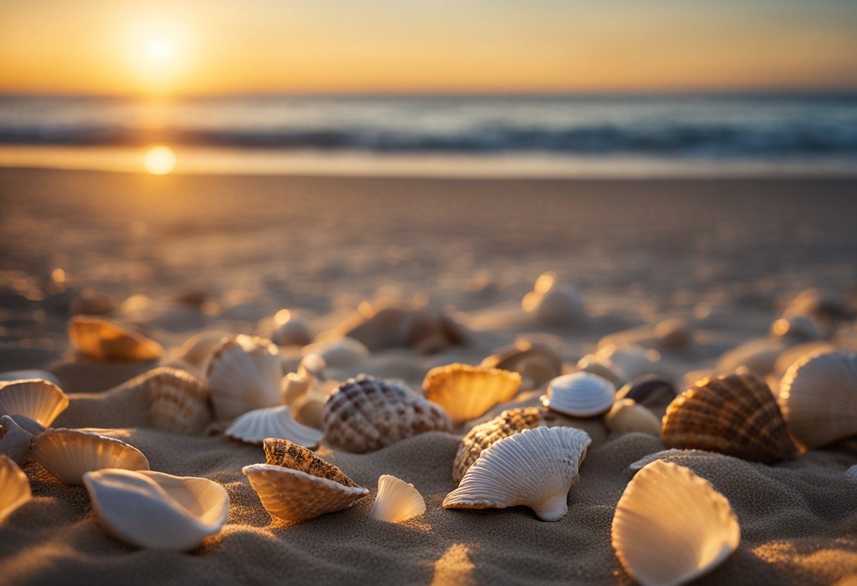 The sun sets over a rugged coastline, casting a warm glow on the sandy shores. Seashells of various shapes and sizes are scattered along the beach, waiting to be collected by eager beachcombers