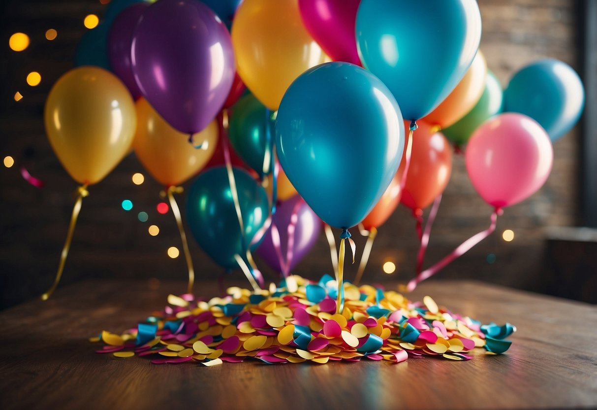 Colorful confetti poppers arranged on a table with balloons and streamers, ready for a 30th birthday celebration at home