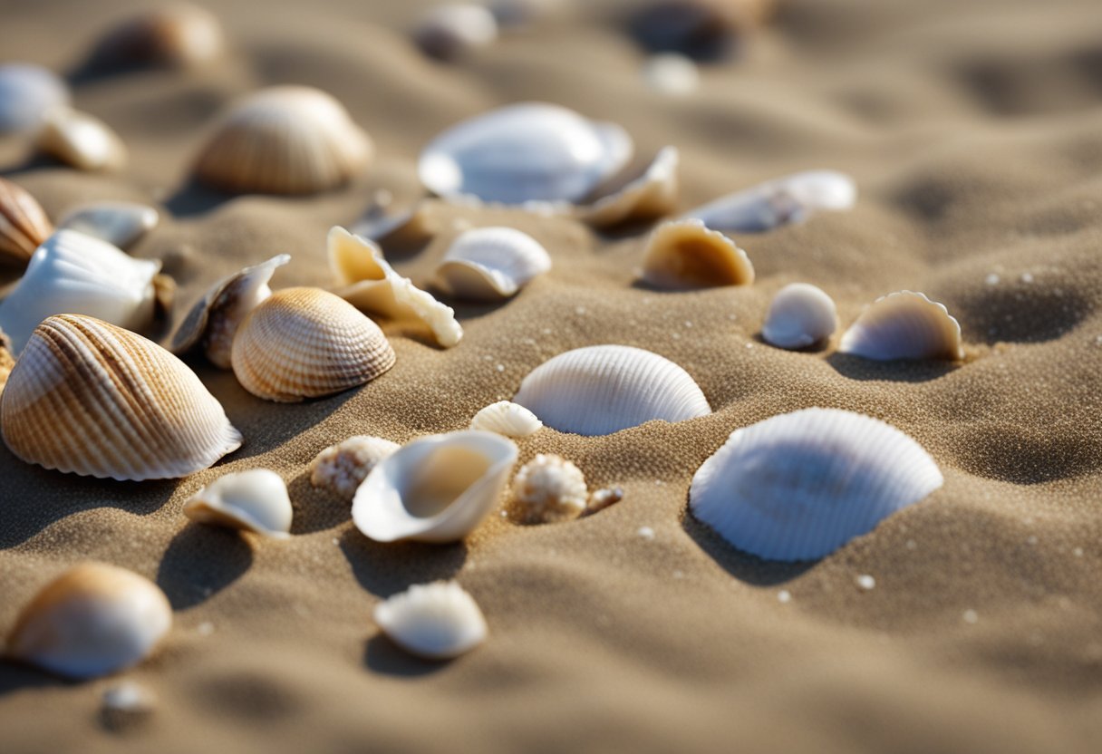 The sandy beach is scattered with various types of shells, including clam, periwinkle, and scallop shells. The waves gently wash up and recede, leaving a beautiful assortment of treasures for shelling enthusiasts