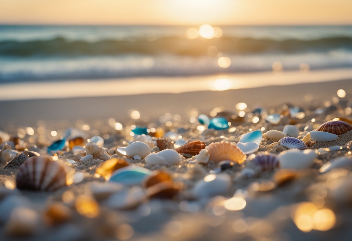 A serene beach with gentle waves washing up against the shore, revealing an abundance of colorful seashells scattered across the sandy coastline