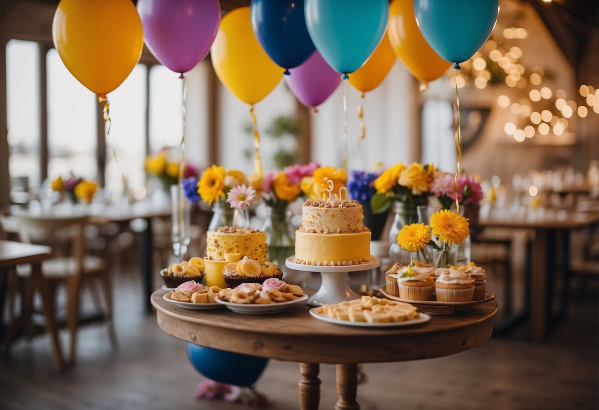 Colorful banners hang above a table adorned with photos, candles, and flowers. A "30" balloon centerpiece stands next to a cake and presents